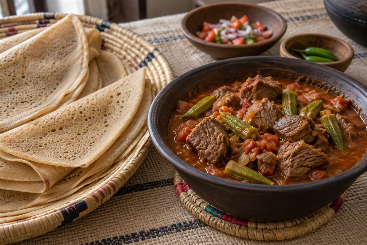 Sorghum kisra flatbreads served with Sudanese beef and okra stew.
