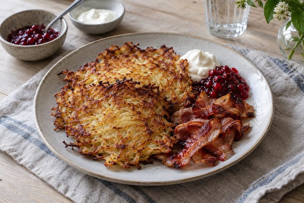 Crisp Swedish raggmunk potato pancakes with bacon, lingonberries, and sour cream.