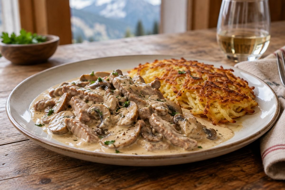 Swiss ZÃ¼rcher Geschnetzeltes with veal, mushrooms, cream sauce, and rÃ¶sti.