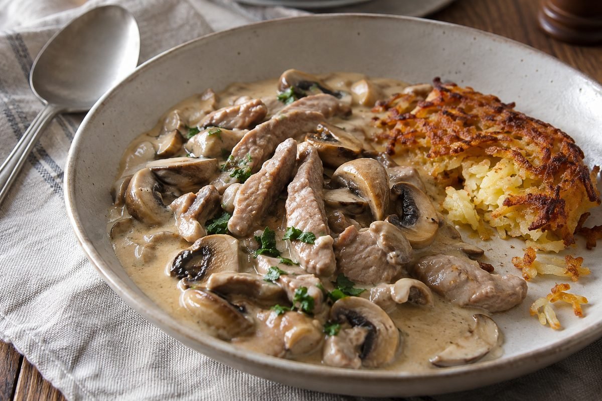 Sliced veal and mushrooms in cream sauce served beside crisp Swiss rösti.