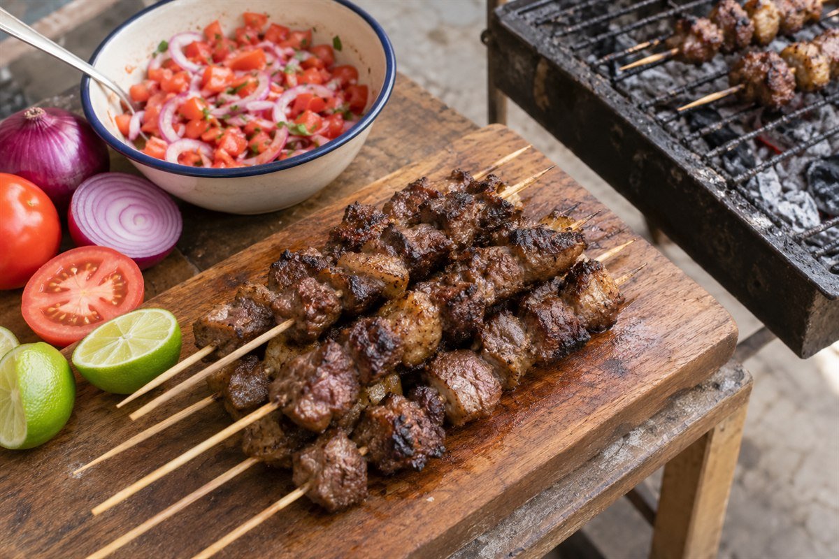Tanzanian mshikaki beef skewers beside a charcoal grill and kachumbari.
