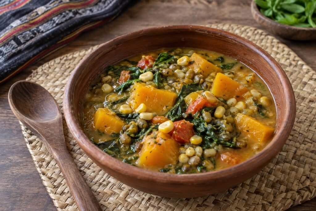 Timorese batar da'an stew with pumpkin, corn, mung beans, tomatoes, and greens.