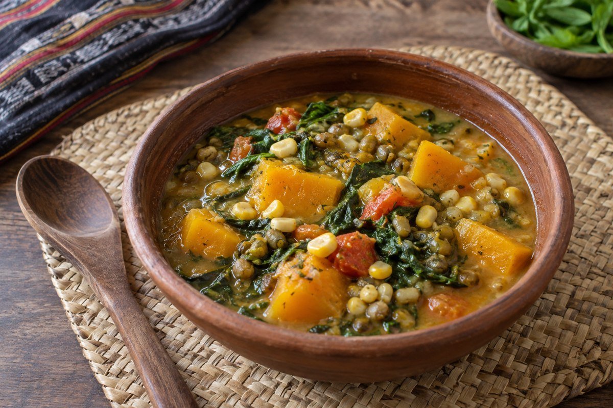 Timorese batar da'an stew with pumpkin, corn, mung beans, tomatoes, and greens.