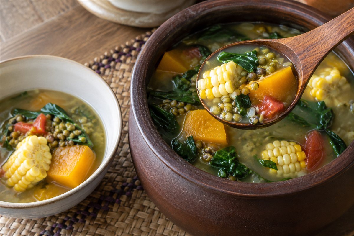 A ladle serving pumpkin, corn, mung beans, and greens from Timorese batar da'an.