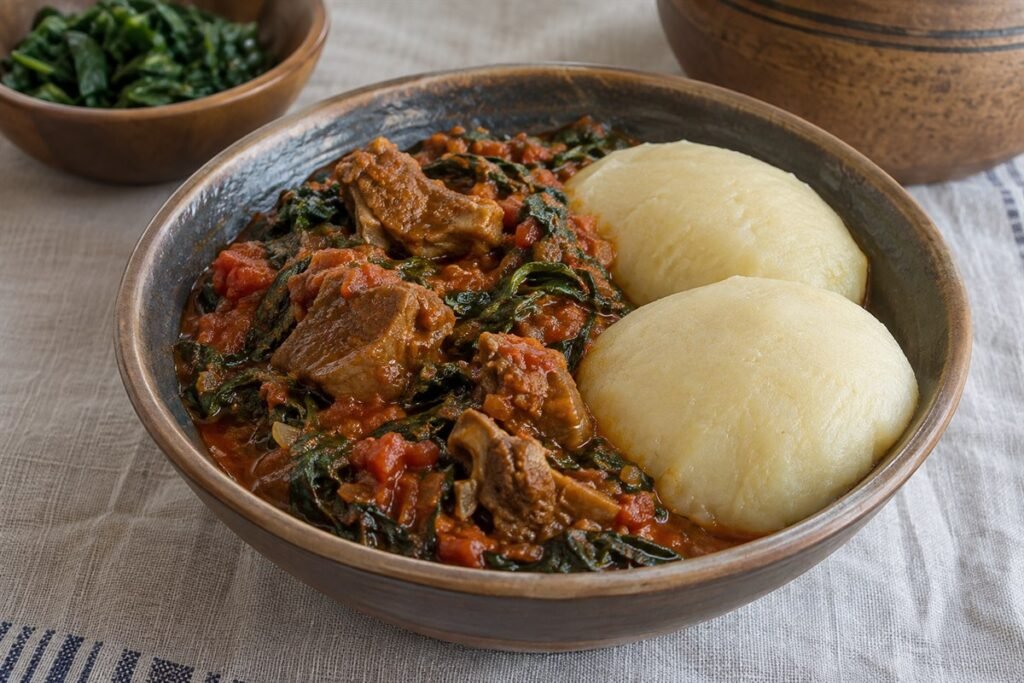 Togolese akoume cornmeal dough served with a rich tomato goat stew and greens.