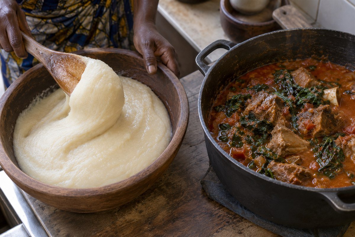 Togolese akoume being shaped and served beside a bowl of tomato goat stew.