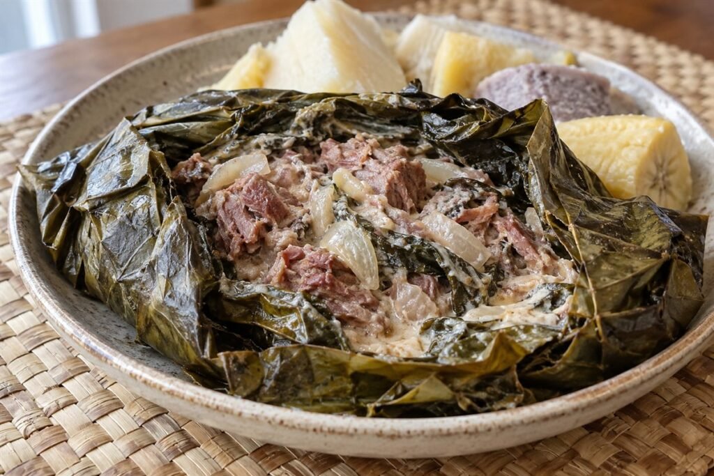 Tongan lu pulu corned beef and coconut cream wrapped in taro leaves.