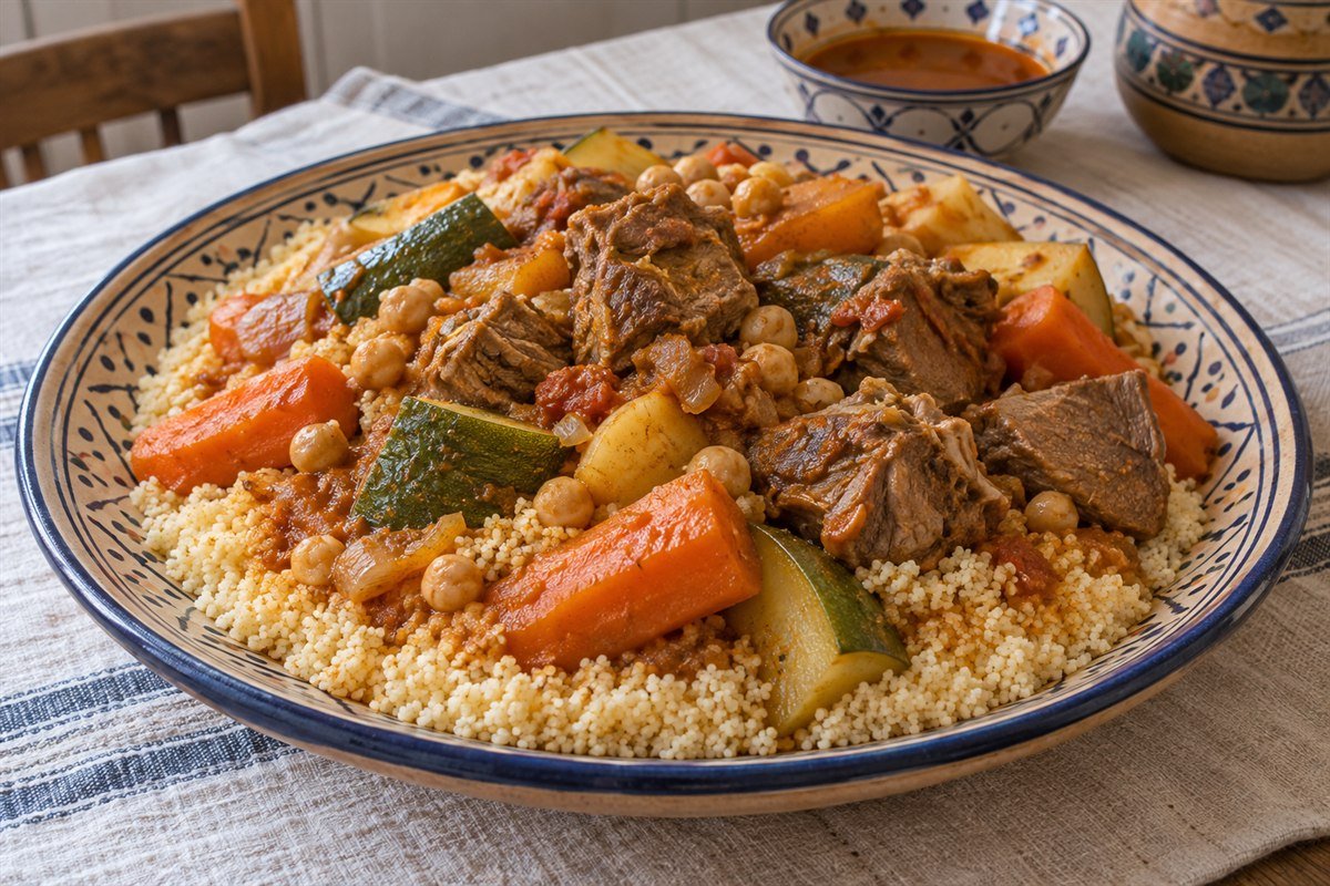 Tunisian couscous with tender lamb, carrots, zucchini, chickpeas, and spiced broth.