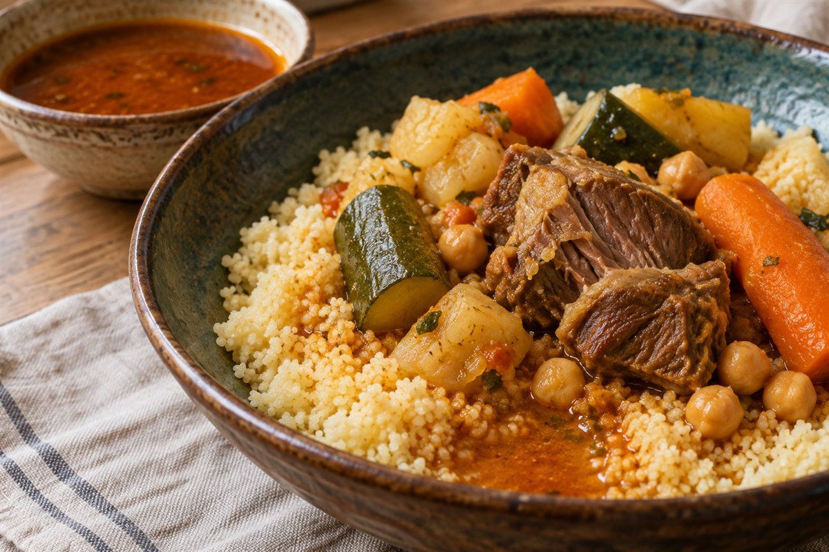 A close serving of Tunisian couscous with lamb, vegetables, chickpeas, and broth.