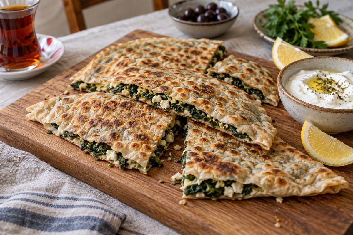 Turkish gözleme filled with spinach and feta, cut into wedges with yogurt and lemon.