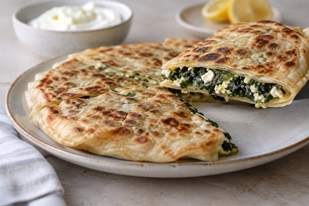 A close serving of Turkish gözleme showing spinach and feta inside the browned flatbread.