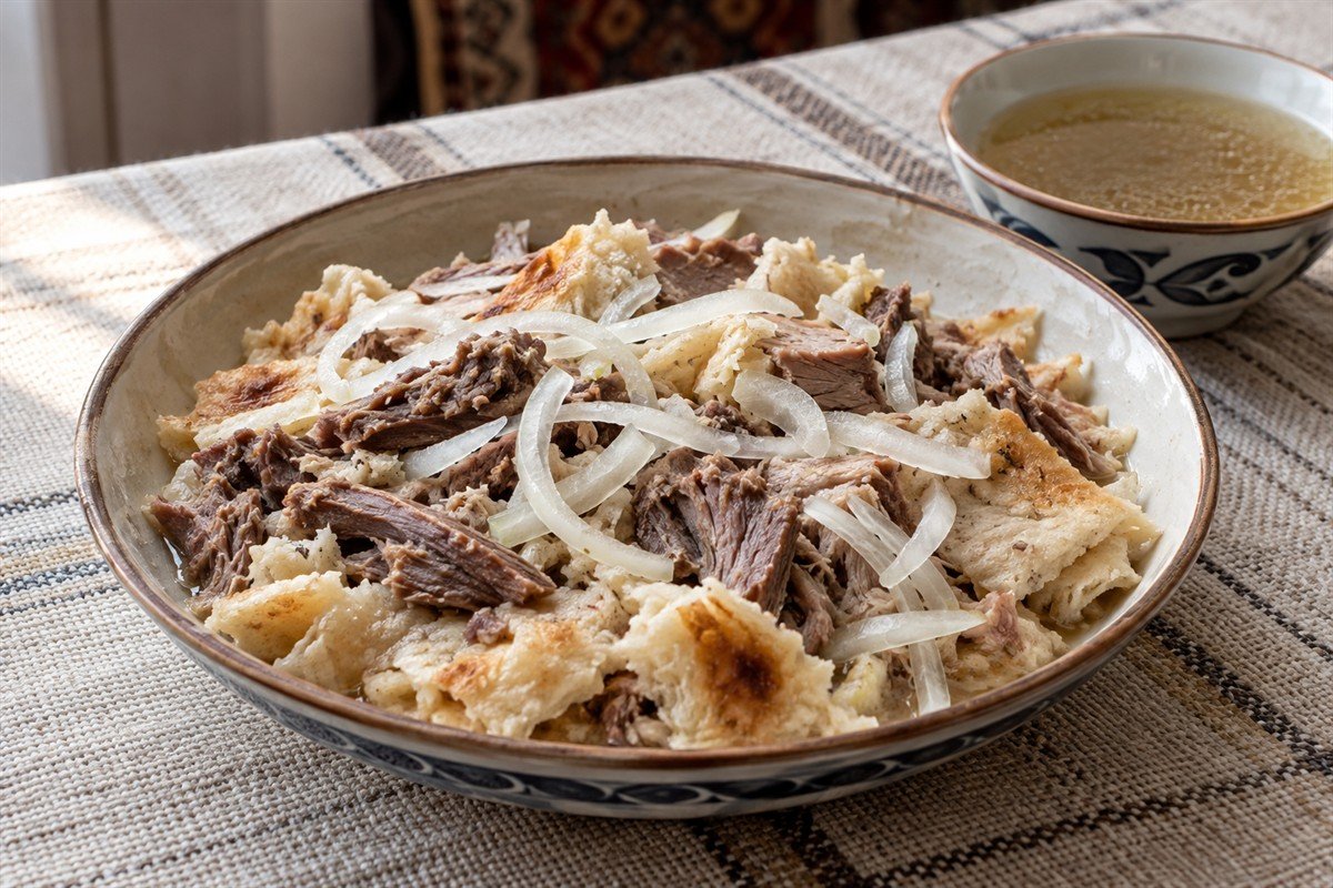 Turkmen dograma with torn flatbread, tender lamb, raw onion, and clear broth.