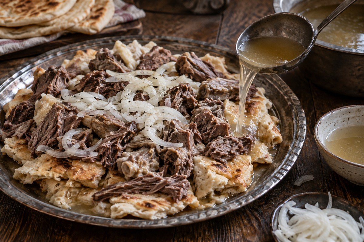 Turkmen dograma on a shared platter as clear lamb broth is served alongside.