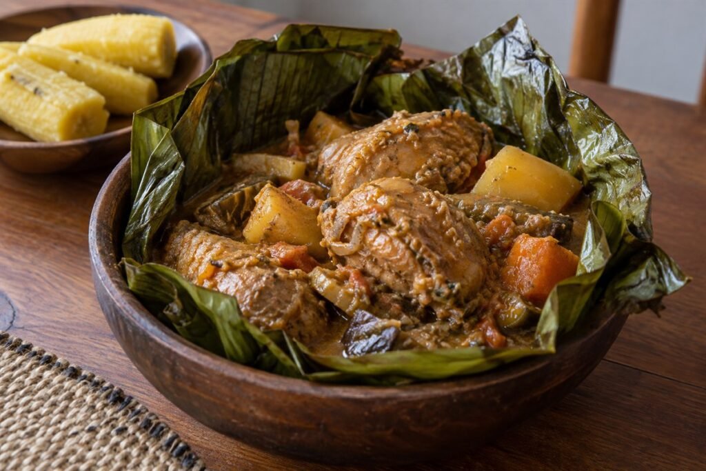 Ugandan chicken luwombo with peanut sauce served in banana leaves.