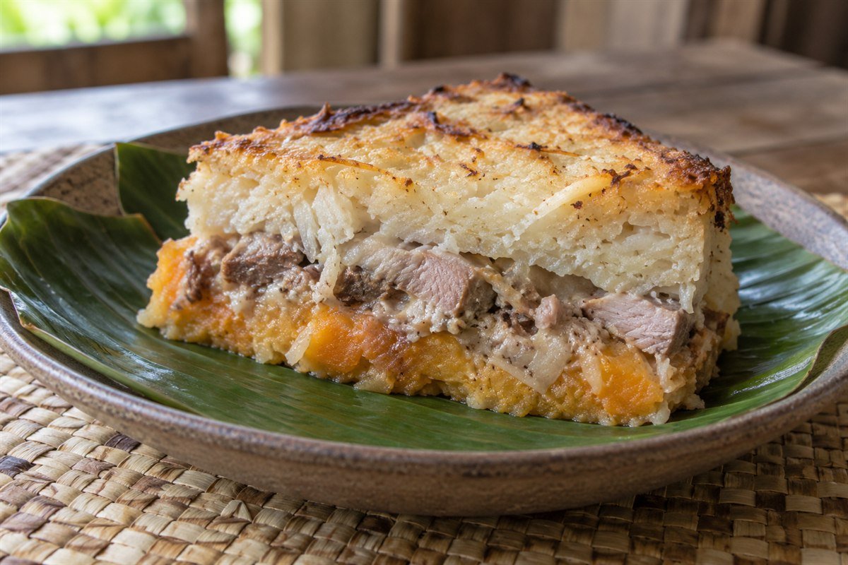 Vanuatuan lap-lap with pork and coconut served in a rustic dish with taro and banana leaves.