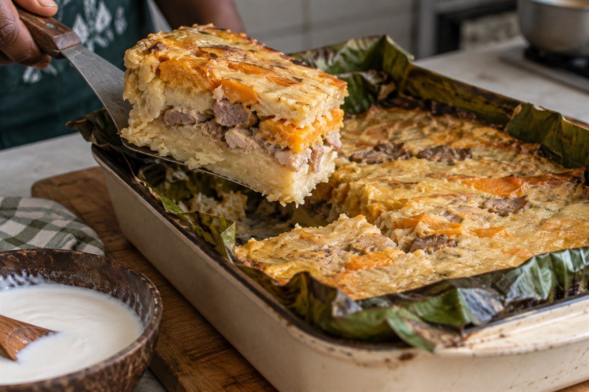 A slice of Vanuatuan lap-lap being served from a banana-leaf-lined baking dish.