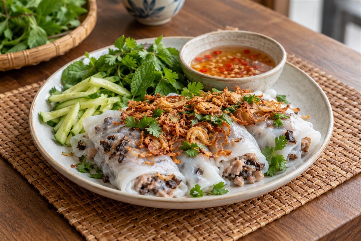 Vietnamese banh cuon rice rolls with pork, mushrooms, herbs, and dipping sauce.