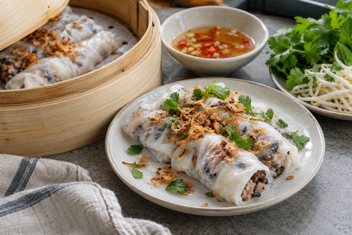 Vietnamese banh cuon rolls arranged in a bamboo steamer with dipping sauce.