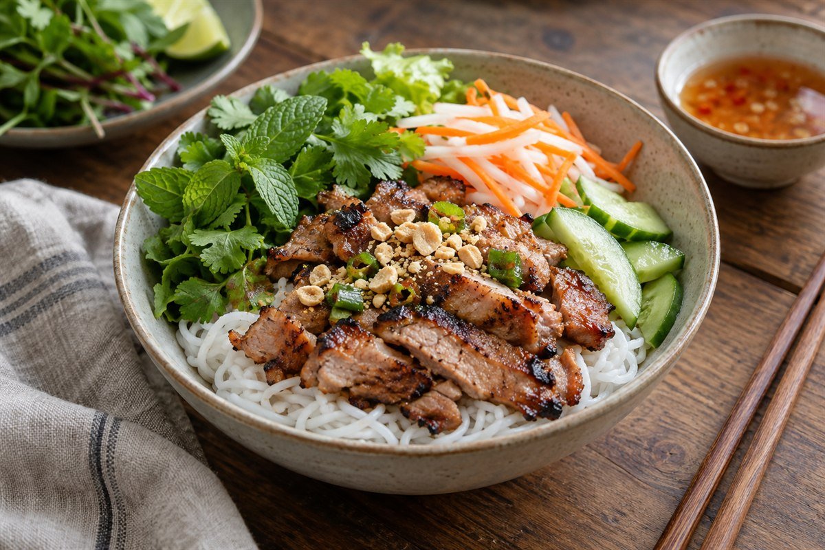 Grilled pork vermicelli with herbs, pickled vegetables, cucumber, peanuts, and dipping sauce.