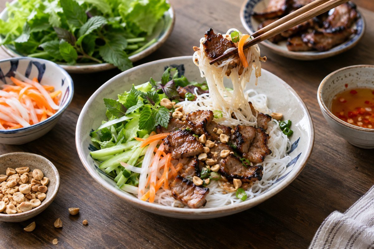 Rice vermicelli and grilled pork being lifted with chopsticks for serving.